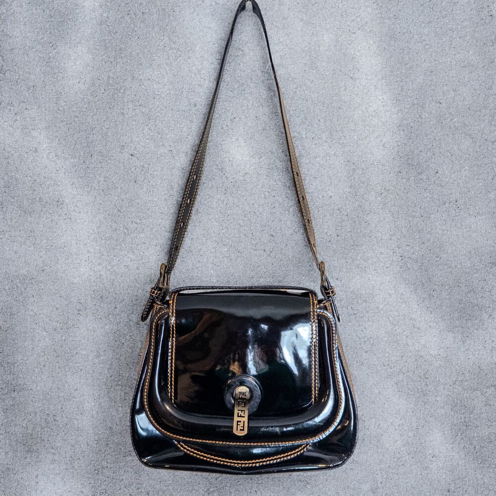Vintage Y2K Fendi Black Patent Leather FF Turn Lock Shoulder Bag